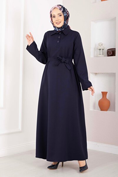Mat Softline Half Buttoned Belted Hijab Dress Navy Blue