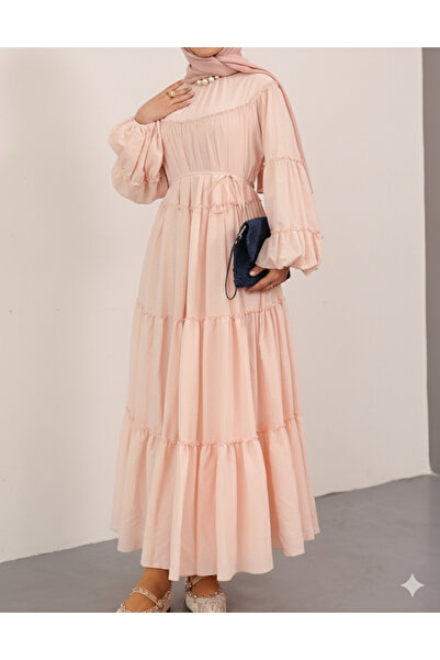 bellura Layered Ruffle Detailed Dress with Elasticated Sleeves and Ties
