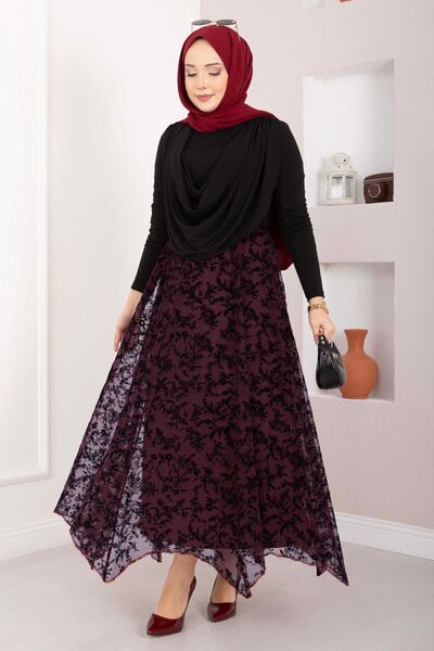 EBRUTESETTÜR Flock Printed Asymmetrical Cut Tulle Skirt Burgundy