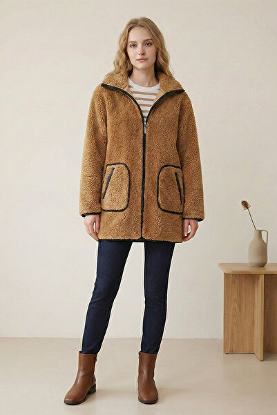 FERHEL Plush Coat with Pockets, Zipper and Lining - Cinnamon