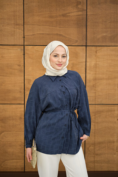 LOCCO Women's Waist-Tie Tencele Shirt Navy Blue