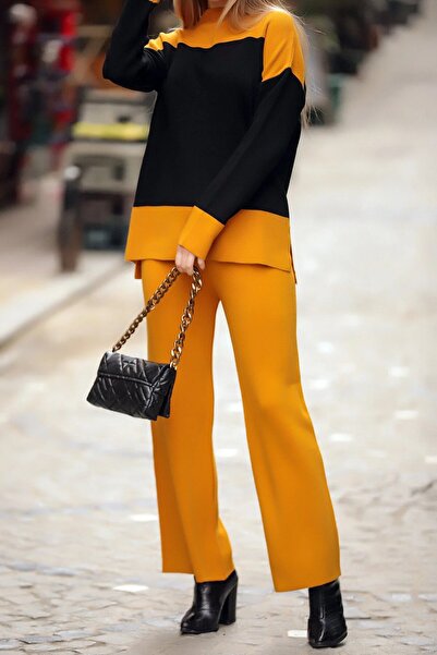 ORZUQLIFE Half Turtleneck Stripe Detailed Color Blocked Sweater Elastic Waist Straight Leg Trousers Double Knitwear Set