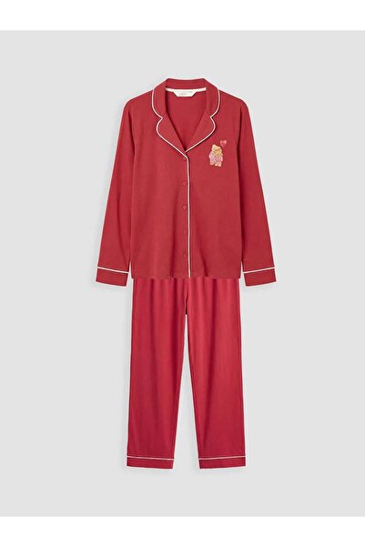 LC Waikiki Burgundy Shirt Collar Teddy Bear Printed Women's Pajama Set (S6)