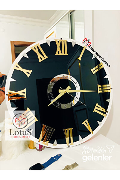 LotusLazer Tasarım Modern Siyah Gold Pleksi Aynalı Duvar Saati 60x60 – Roma R...