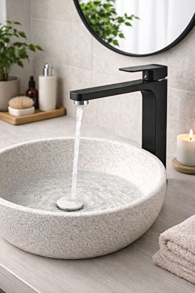 NAMSU صنبور حوض غسيل أسود بتصميم عصري أنيق وذو جسم مرتفع، متوافق مع أحواض الغ...