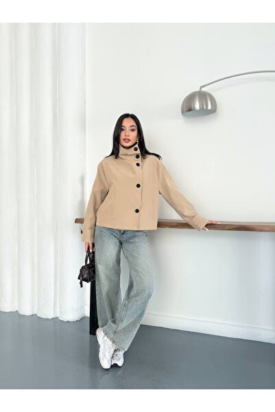 D'RECCY Women's Buttoned Stand-Up Collar Oversize Trench Coat