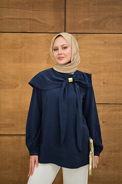 LOCCO Women's Scarf Collar Cupra Shirt Navy Blue