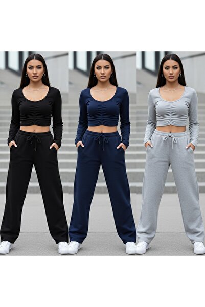 modlux Seasonal 3-Piece Black Gray Navy Blue Wide Leg Sweatpants