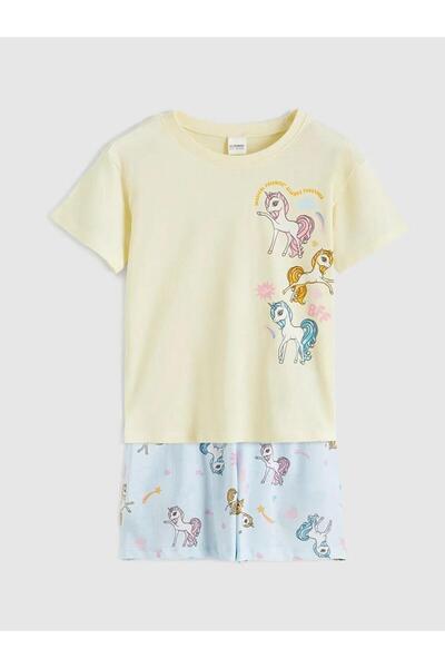 LC Waikiki طقم بيجامة بناتي مطبوع باللون الأصفر مع شورت (S6)