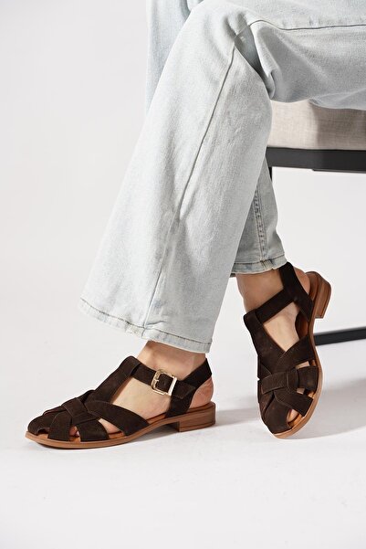 Moda Pie Sorte Direkli Side Buckle Women's Genuine Leather Sandals Brown Suede