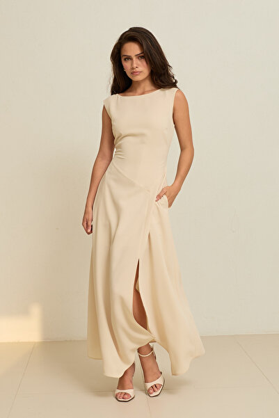 Setre Beige Sleeveless Slit Dress with Waist Belt