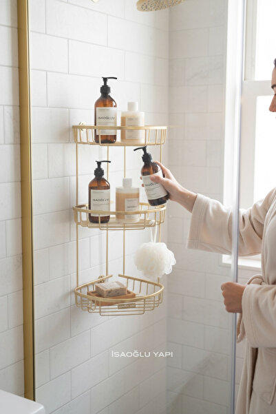 İSAOĞLU YAPI Mat Gold Banyo Üçlü Şampuanlık Köşelik Pirinç Materyal Paslanmaz...