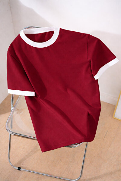 Revasser Unisex Erkek/Kadın Bordo Beyaz Yaka Düz Oversize Pamuklu T-Shirt Tişört