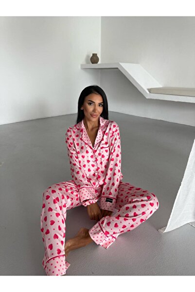 Loraofsilk PEMBE BİYELİ KALP&NOKTA BASKILI İPEK SATEN PİJAMA TK