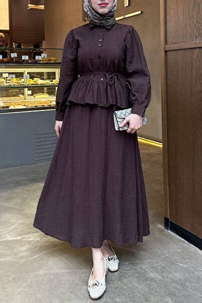 MELEK ARAZ Ruffle Detailed Shirt and Gofre Skirt Two-Piece Set - Brown