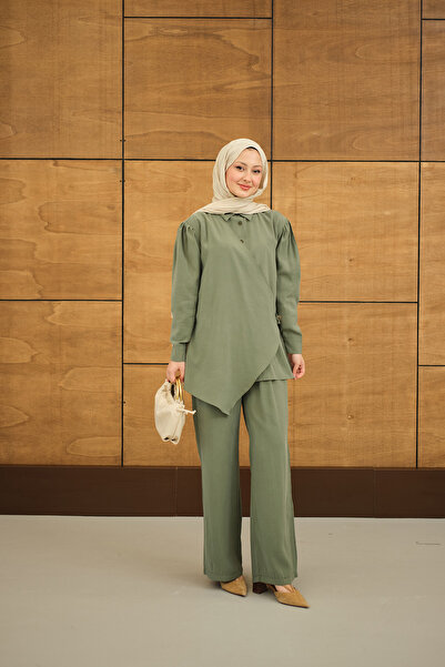 LOCCO Women's Gold Button Detailed Modal Suit with Trousers Khaki Green