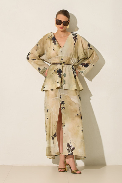 Setre Beige V-Neck Slit Detailed Full-Fit Comfortable Cut Long Sleeve Midi Dress