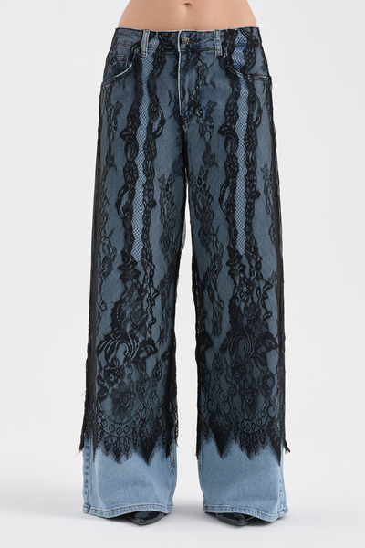 tw3 Γυναικείο τζιν παντελόνι Palazzo με δαντέλα και λεπτομερή σχεδίαση