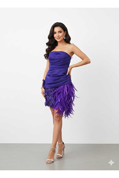 ROJBEY KADIN KISA MOR TÜY DETAYLI STRAPLEZ ŞIK PARTİ ELBİSESİ