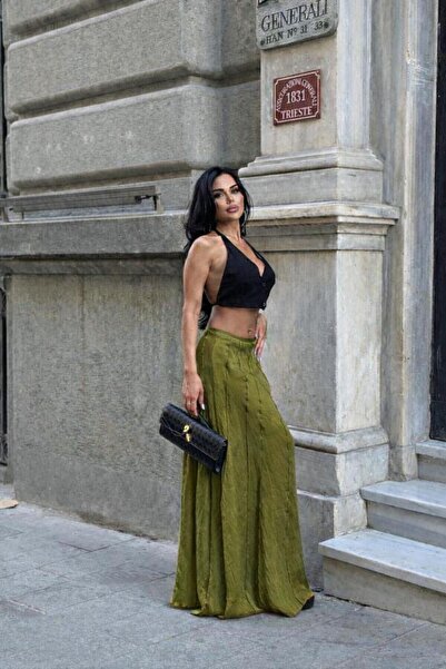 MAESTRO WOMAN Kadın Yağ Yeşili Yüksek Bel Fermuarlı Dikişli Modal Etek