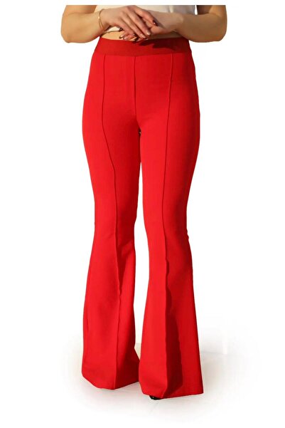 Moda Hira Kadın Kırmızı Yüksek Bel İspanyol Paça Pantolon