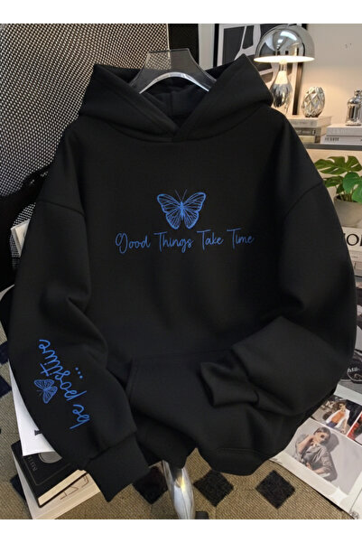 NİCE Unisex Kelebek baskılı 3 İplik Kapüşonlu Sweatshirt