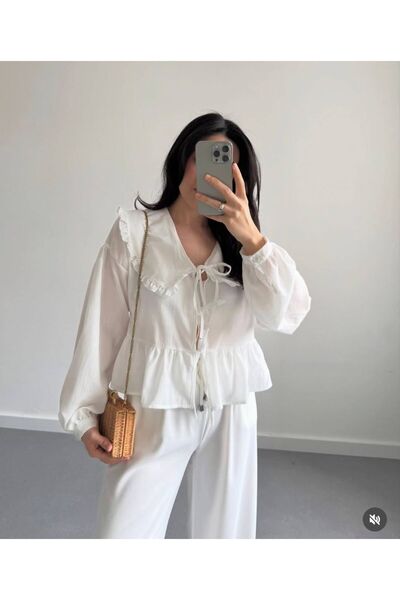 MAESTRO WOMAN Kadın Beyaz Bebe Yaka Önü Bağlamalı Kısa Peplum Gömlek