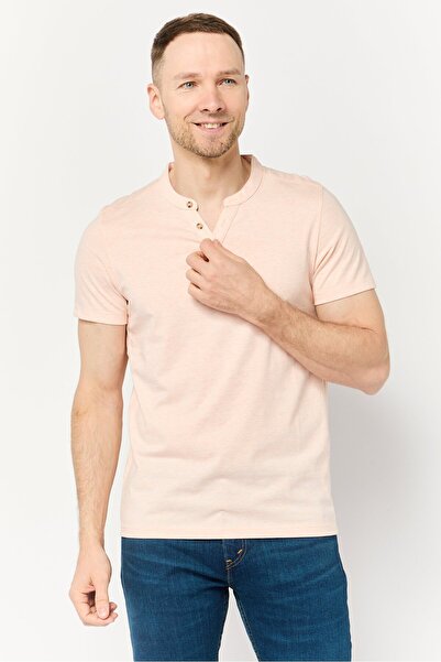 CELIO Men Band Neck Short Sleeve Solid T Shirt, Peach