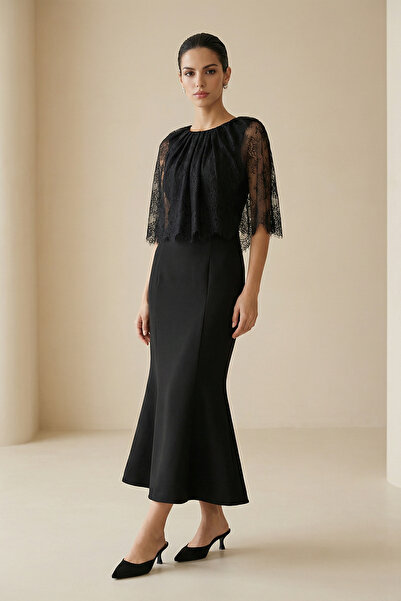 Setre Black Lace Detailed Full-Fit Midi Dress