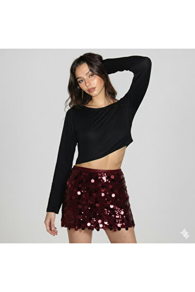 Vellure Kadın Bordo Pul Payetli Mini Etek