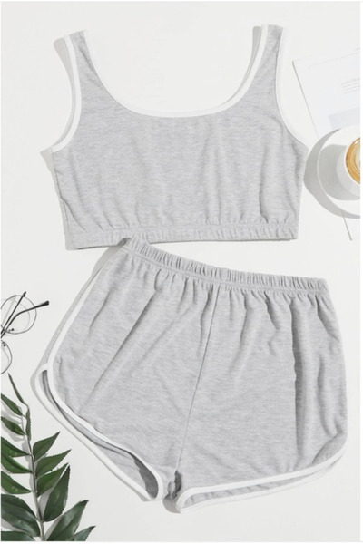 Vielove Kadın Gri Askılı Crop Top Şortlu Gecelik Takım – 2’li Pijama Seti Ev ...
