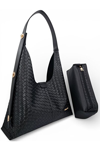 Evident حقيبة كتف نسائية، سوداء، بنمط محبوك، مع حزام قفل قابل للتعديل، ناعمة ...