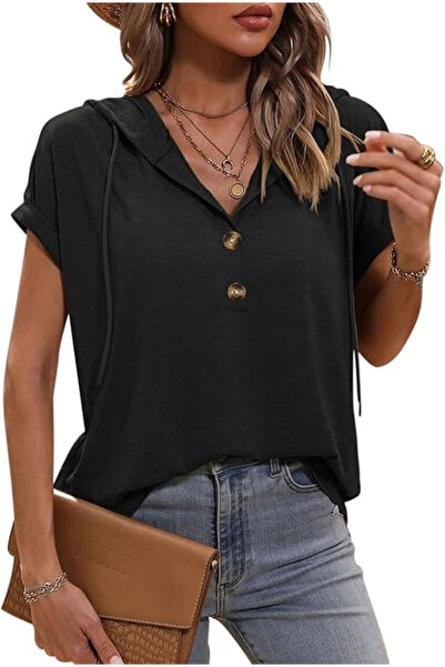 OEM Women's loose summer T-shirt, with hood and buttons, black S