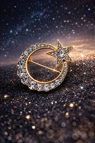 Neel butik ✨ Ay Yıldız Taşlı Broş – Işıltının Zarif Hali