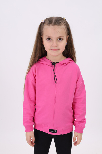 Toontoy Girl's Oversized Hooded Off-Shoulder Printed Ribbed Sweatshirt - 2 Yarns