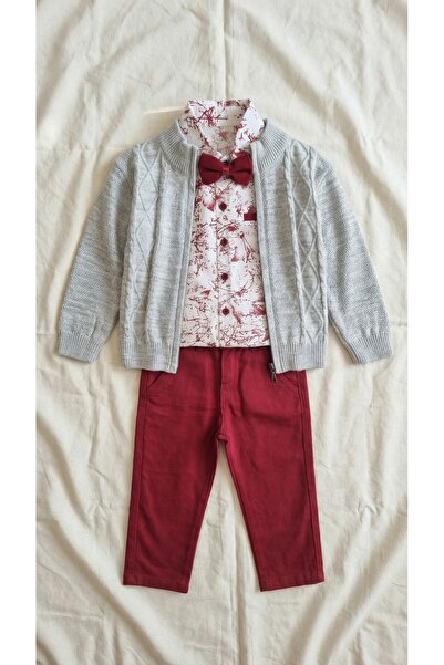 Sabi Boy's Zippered Cardigan, Red Trousers and Patterned Shirt with Bow Tie C...