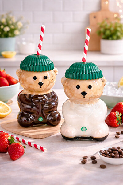 SYN AKSESUAR 2’li Ayıcıklı Cam Soğuk İçecek Bardağı Kapaklı Pipetli Sevimli Set