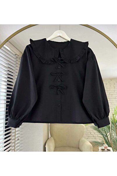 Güba Ticaret Kadın Siyah Fırfırlı Yaka Bluz – Terikoton Kumaş, Yaka Detaylı, ...