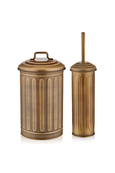 Desi Concept Net طقم فرشاة وسلة مهملات مجلفنة باللون الذهبي، قطعتين