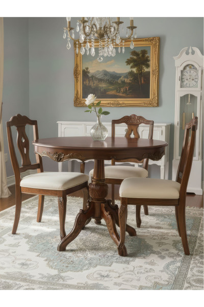 Gazzini Furniture Royal King İngiliz Still Yuvarlak Ahşap Oymalı Yemek Masası