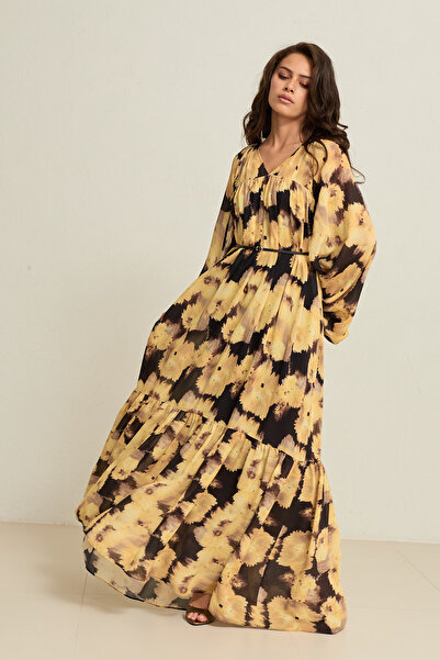 Setre Μαύρο-κίτρινο μακρυμάνικο φόρεμα με λαιμόκοψη V και λεπτομέρεια πιέτας,...