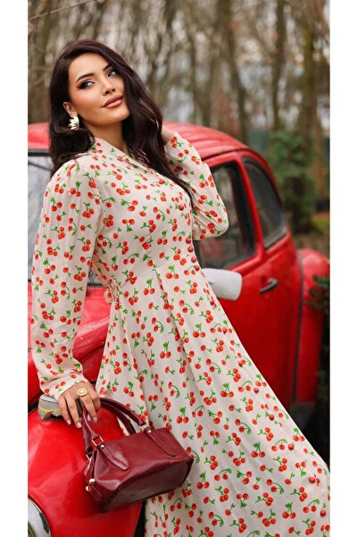 Cannes Jala Women's Long Sleeve Cherry Patterned V-Neck White Dress