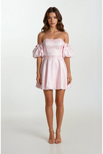 Spazio Rahmerı Straplez Kalp Yaka Balon Kol Kısa Abiye Elbise PEMBE