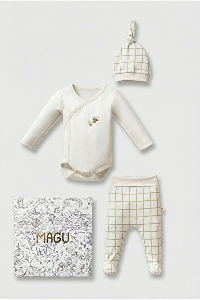 Magu Unisex Baby Cotton Ecru Green Plaid Patterned 3-Piece Set - Double-Breas...