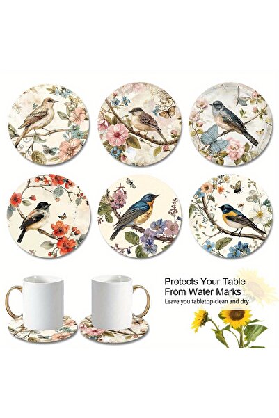 Choice 1 6pcs 2D Watercolor Illustration Style Wooden Coasters Featuring Bird...