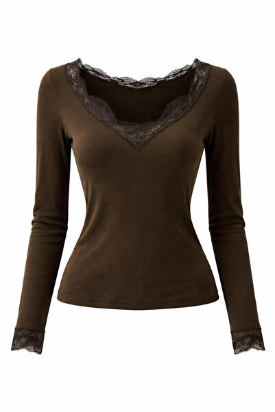 CKM MODA Rosmira Lace Detailed V-Neck Fit Blouse Brown