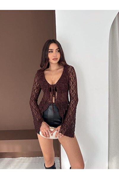 CKM MODA Noir lace lace-up blouse - coffee