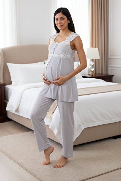 lohusahamile Lace Detailed Cotton Maternity Pajama Set