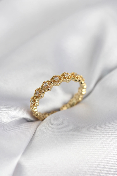 lowell home Row Flower Model Gold Color Zircon Stone Women's Ring