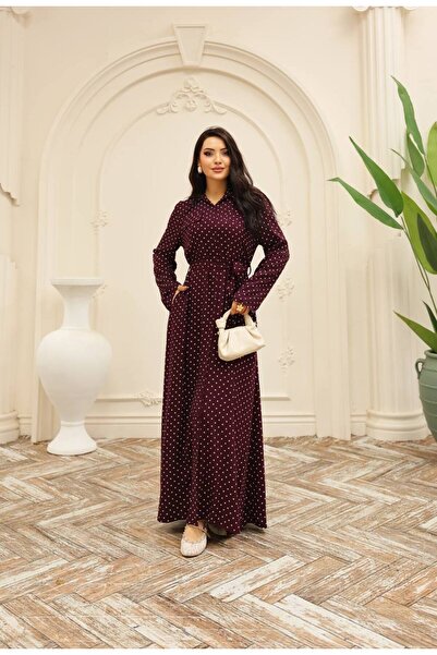 Cannes Rema Women's Classic Collar Polka Dot Burgundy Dress